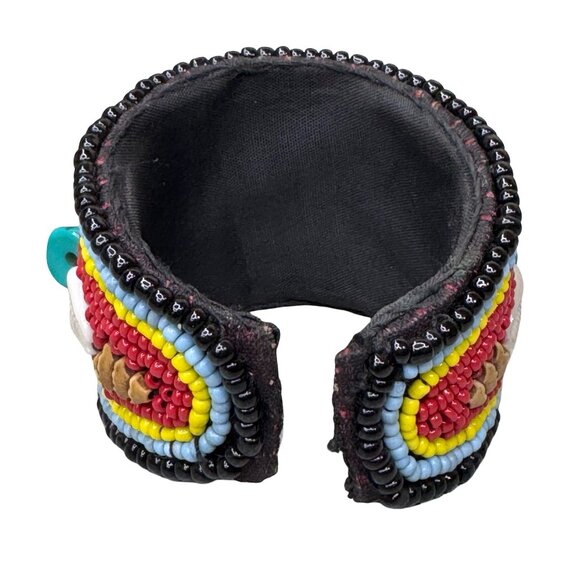 Vintage Tibetan Open Cuff Decorated Turquoise, Cowrie Shells Coral Glass Beads - Picture 9 of 10